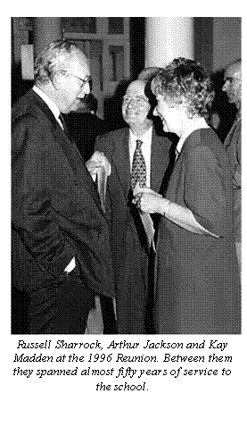Text Box:  
Russell Sharrock, Arthur Jackson and Kay
Madden at the 1996 Reunion. Between them
they spanned almost fifty years of service to
the school.

